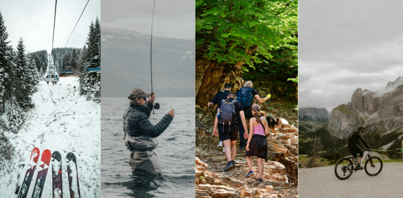 An image split into four showing variosu activities such as skiing, fishing, hiking and cycling